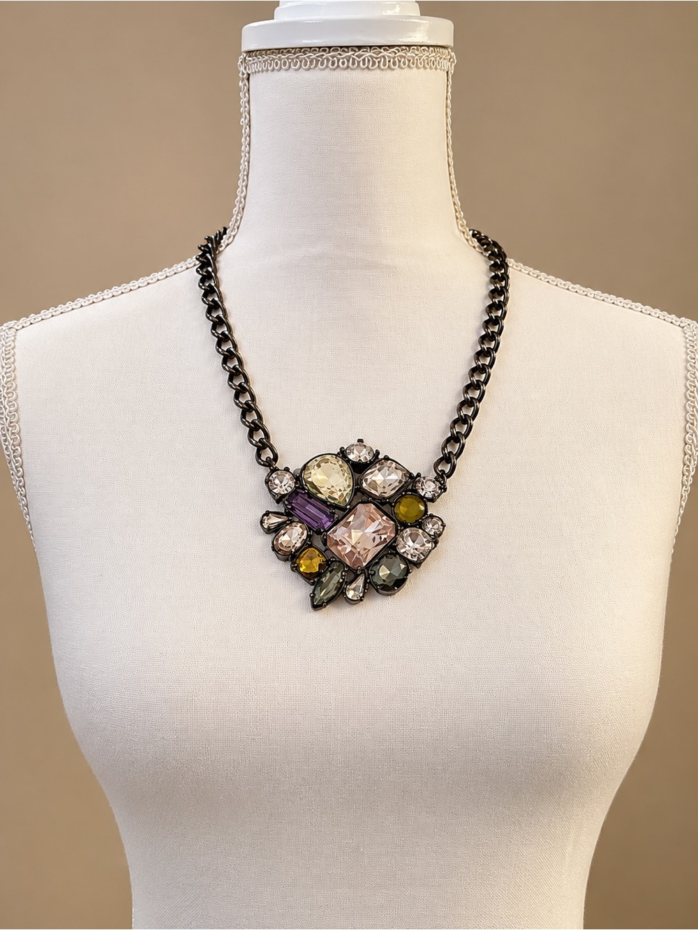 Chico's Black Gunmetal Chain Necklace with Oval Pendant
